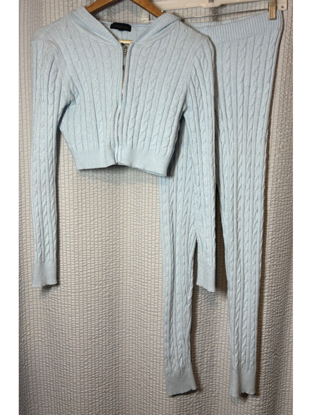 36Point5 Women’s 2-Piece Cable Knit Hoodie Sweater Pants Set Baby Blue Size L